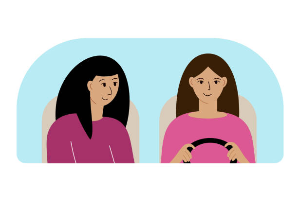 ilustrações de stock, clip art, desenhos animados e ícones de illustration of two women in the car behind the windshield - car driving women driver