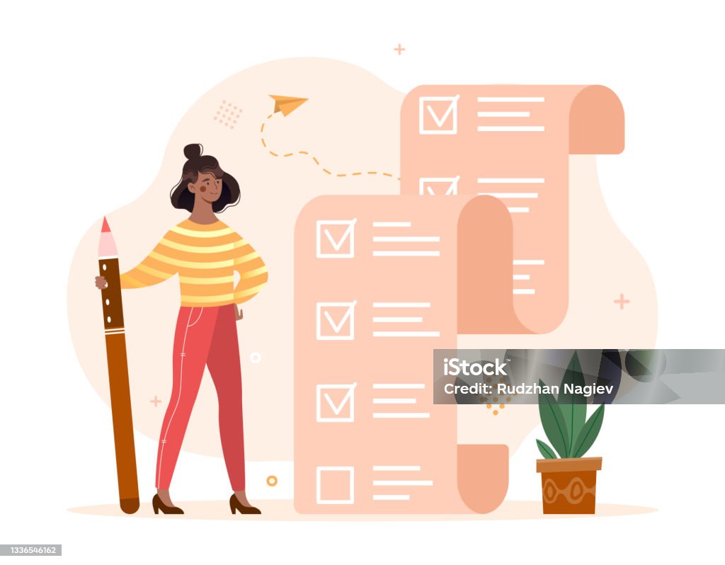 Planning and time management concept Planning and time management concept. Woman with pencil stands next to large to do list. Mark completed task. Personal efficiency at work. Cartoon flat vector illustration isolated on white background Planning stock vector