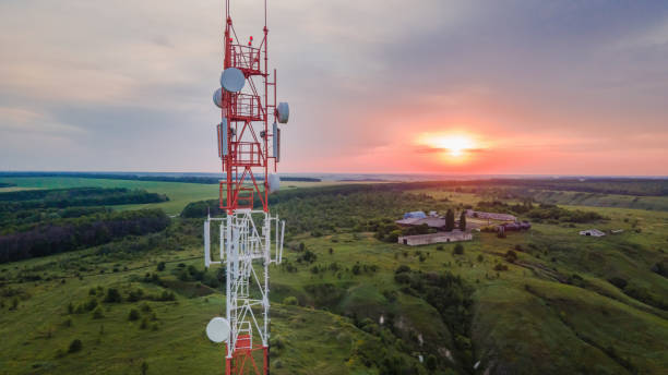 Telecommunication antenna tower of 5G cellular stock photo