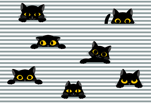 Black cat peeks out from stripes