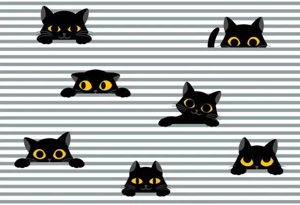 Vector illustration of Black cat peeks out from stripes