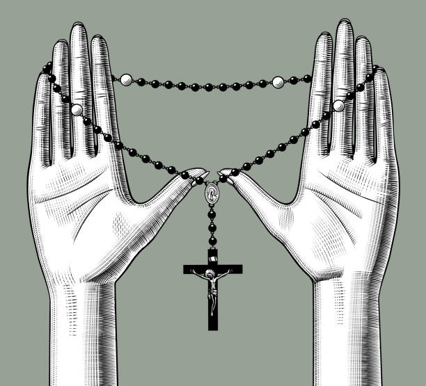 十字架でロザリオを保持する女性の手のひら。 - nun catholicism praying women点のイラスト素材／クリップアート素材／マンガ素材／アイコン素材