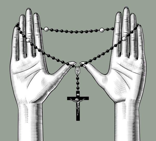 Female palms holding a rosary with a cross. Female palms holding a rosary with a cross. Vintage engraving stylized drawing. Vector illustration nun praying cross human hand stock illustrations