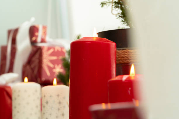 istock Interior decoration with red and white Christmas candles 1336549691