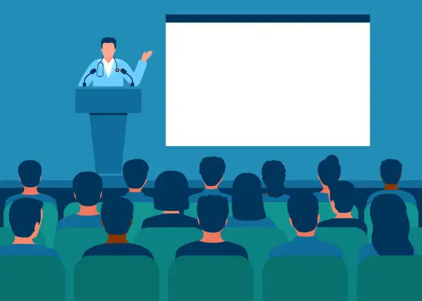 Vector illustration of Doctor giving speech on conference, medicine seminar from tribune with microphone for audience. Medicine healthcare. People group on conference meeting, presentation of medical science in hall. Vector