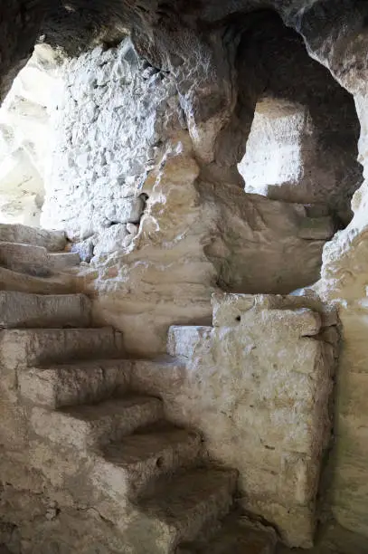 Photo of ancient monastery Aladzha in the rock, stairs to the cell