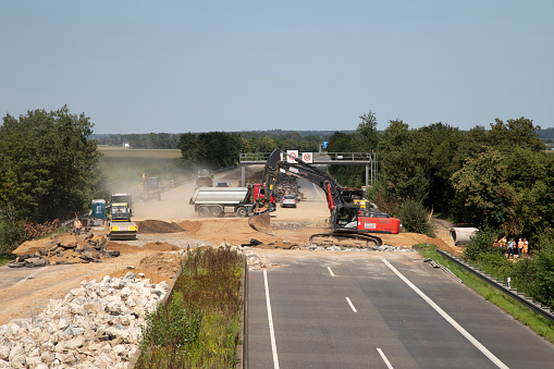 Ollheim, NRW, Germany, 08 25 2021, Roadworks on A61 because of damage by flood, closed highway