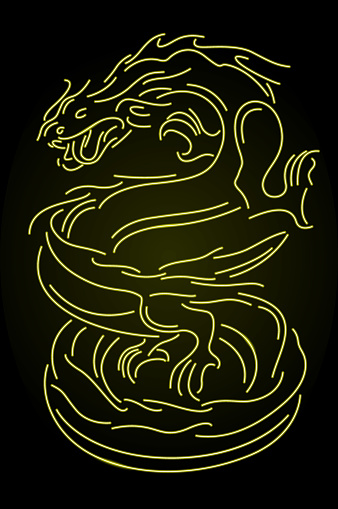 Beautiful linear vector illustration with stylized neon yellow shiny chinese dragon on the dark background