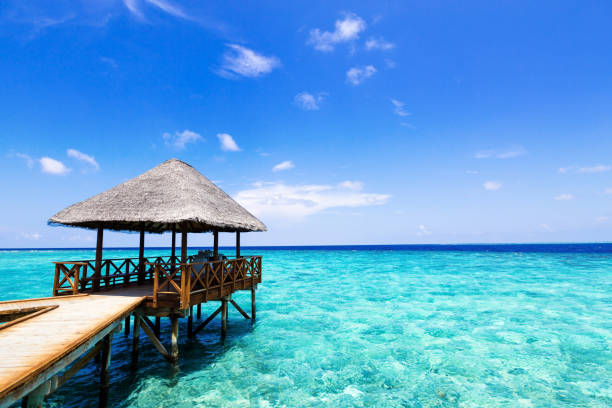 water bungalows at maldivian island Tropical travel card with pristine beach and water bungalows at maldivian island atoll photos stock pictures, royalty-free photos & images