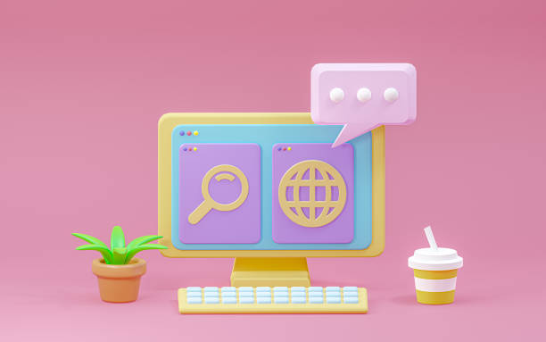 istock Search engine on computer screen  of pc with internet search and results popping out. Finding information online concept, 3D illustration. 1336556503