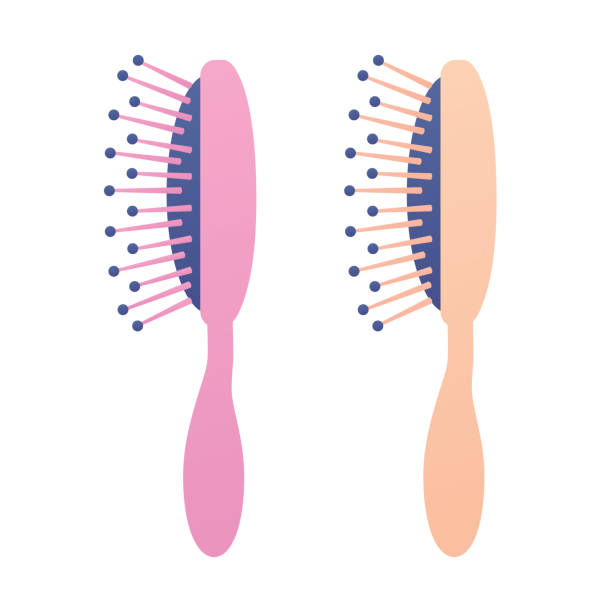 Hairbrush isolated icons Plastic pink and wooden hairbrush or comb isolated vector, hairstyle salon icons. human hair comb combing cartoon stock illustrations