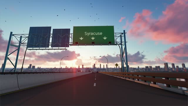 Driving to Syracuse, animated highway scene. Syracuse highway sign