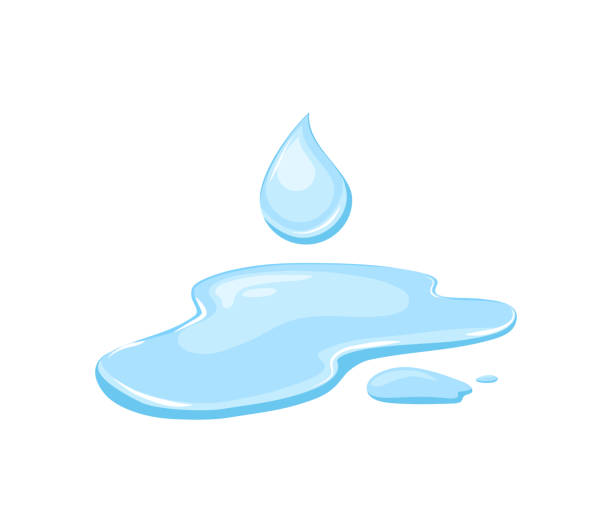 verschütten sie wasser und einen tropfen auf einem weißen isolierten hintergrund. pfütze. vektorillustration. - drop water cartoon raindrop stock-grafiken, -clipart, -cartoons und -symbole