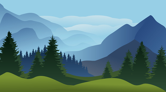 Mountain landscape, vector illustration. Blue high rock against the background of blue sky and clouds. Meadow and glade. Dense forest, pines, firs, trees. Colors: blue, green