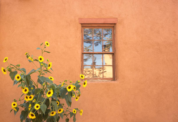Santa Fe Style: Adobe Wall, Sunflowers, Window Santa Fe Style: Adobe Wall, Sunflowers, Window santa fe new mexico stock pictures, royalty-free photos & images
