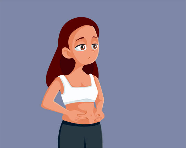 Unhappy Teen Having Body Image Problems Vector Illustration Young female having complexes and insecurities about her body image feeling self-conscious pot belly stock illustrations