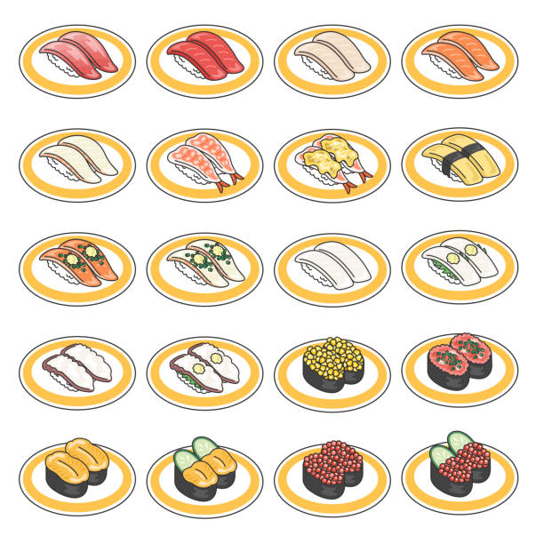 Illustration set of conveyor belt sushi material. Illustration set of conveyor belt sushi material. tako stock illustrations