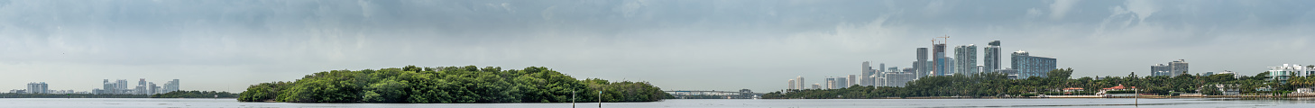 View of the Miami city skyline and its bridges, from a public park.