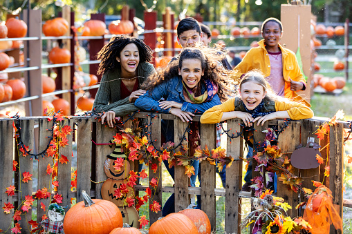 A multi-ethnic group of children having fun at a pumpkin patch. The focus is on the three girls leaning on the wood fence, laughing and looking toward the camera. They are surrounded by pumpkins.