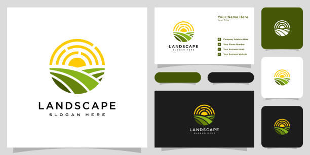 landscape sun logo vector design and business card landscape sun logo vector design and business card farm stock illustrations