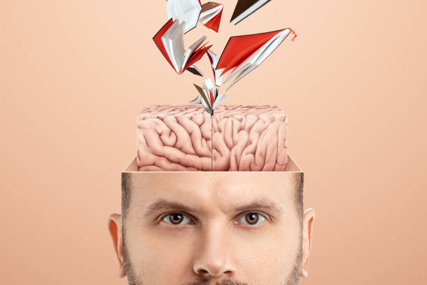 istock Books fall into the man's head. Concept for education, reading, exam preparation, study, bookworm, nerd. copy space. 1336592962