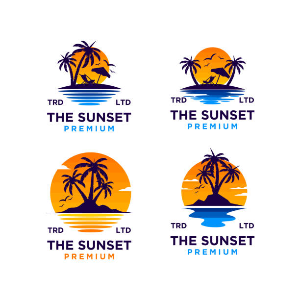 sunset beach design illustration - lifestyle sports and fitness travel locations water stock-grafiken, -clipart, -cartoons und -symbole