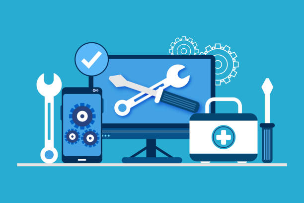 ilustrações, clipart, desenhos animados e ícones de conceito de reparo de computador - healthcare and medicine industry equipment blue