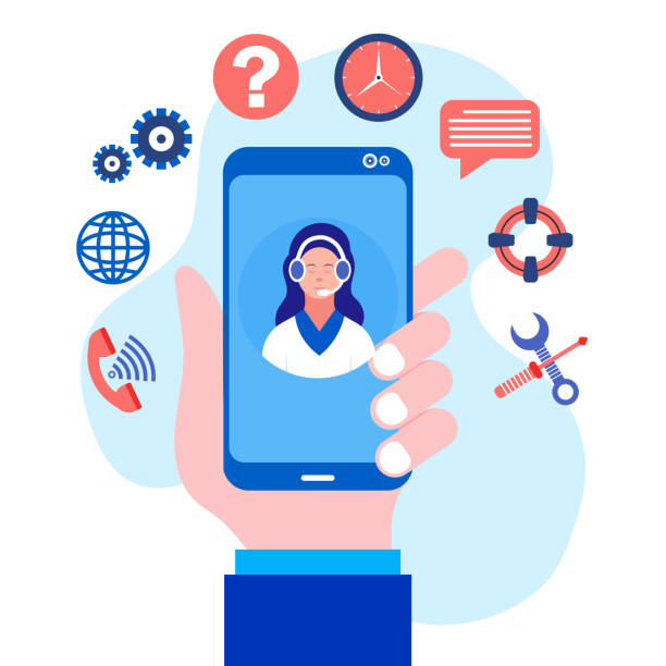 ilustrações de stock, clip art, desenhos animados e ícones de contact support, customer service, technical support. hand holding smartphone - customer service representative white background support customer