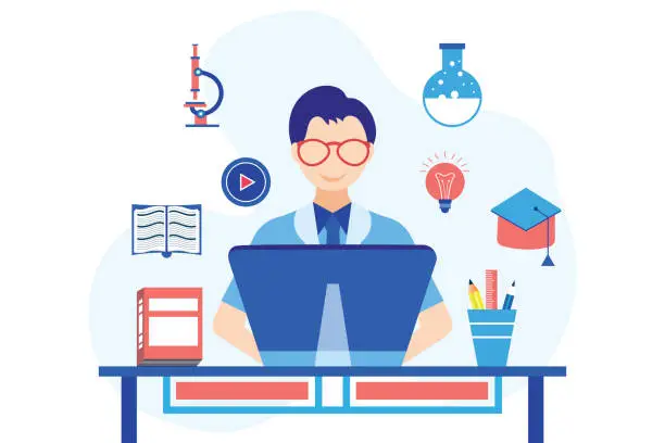 Vector illustration of Online learning, e-learning concept. Man at computer in his room