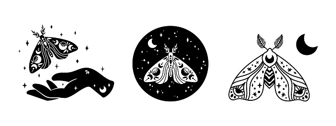 Mystical boho celestial butterfly or moth isolated cliparts bundle, mystical collection, witch hand, moon and stars magic line and silhouette esoteric objects - black and white vector illustration