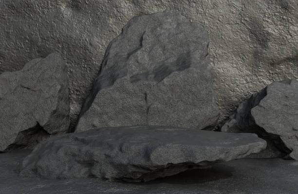 istock Black stone podium for product presentation on stone wall background luxury style.,3d model and illustration. 1336603976