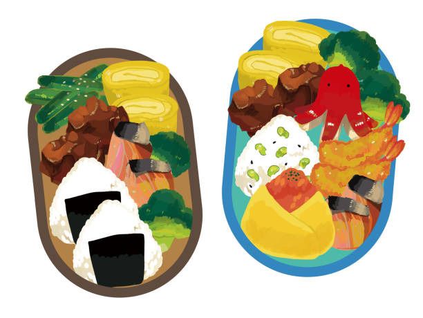 симпатичный рисовый шарик и ланч-бокс иллюстрация материал / вектор / спортивная в�стреча - lunch box illustrations stock illustrations