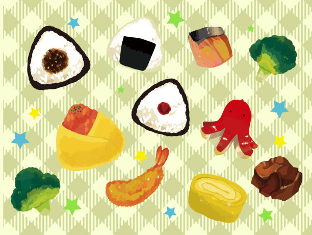 illustrazioni stock, clip art, cartoni animati e icone di tendenza di carino rice ball & lunch box illustrazione materiale / vettore / incontro atletico - food lunch vegetable pattern