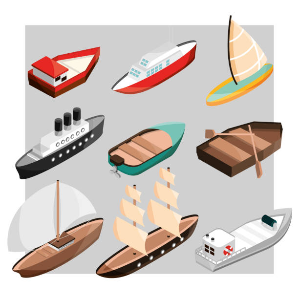 illustrazioni stock, clip art, cartoni animati e icone di tendenza di navi e imbarcazioni di diverse dimensioni - isometric nautical vessel yacht sailboat