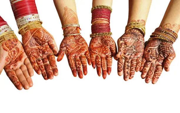 Photo of Diwali, Teej and Karwachauth celebrations themed festive picture of three pair of hands with bangles in hands and mehandi on palms isolated over white.