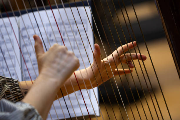 Hands of a woman playing the harp Hands of a woman playing the harp close up harp stock pictures, royalty-free photos & images