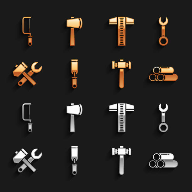 ilustrações de stock, clip art, desenhos animados e ícones de set rasp metal file, wrench spanner, industry metallic pipe, hammer, and wrench, t-square line, hacksaw and wooden axe icon. vector - letter t