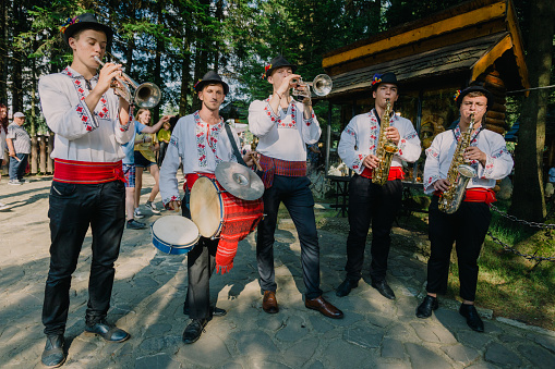 Gruyere, Switzerland - May 4, 2014. Swiss musicians on the cheese festival.