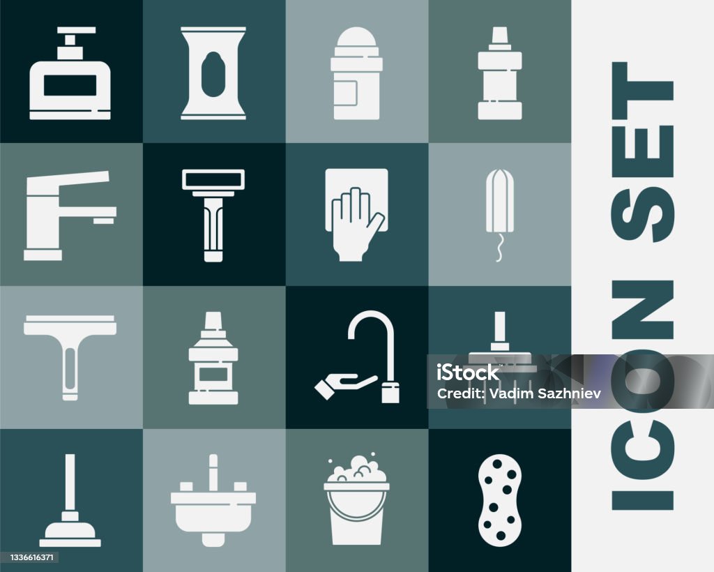Set Sponge Shower Head Sanitary Tampon Antiperspirant Deodorant Roll  Shaving Razor Water Tap Bottle Of Shampoo And Cleaning Service Icon Vector  Stock Illustration - Download Image Now - iStock