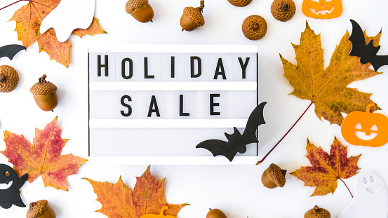 Lightbox with text HOLIDAY SALE, Halloween autumn leaves decorations Sale shopping concept. Online shopping Template Black friday sale mockup fall thanksgiving promotion advertising Big sale. Cyber monday. Holiday