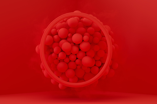 Christmas, New Year Concept. 3D Rendering Abstract Large group of Flying Spheres with frame on Red Background