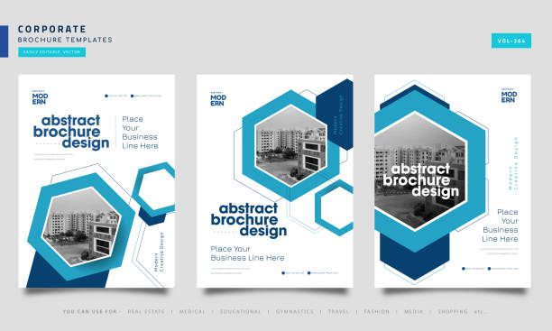 brochure geometric hexagon layout design template set - broşür stock illustrations