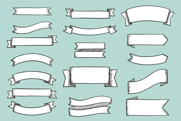 illustrations, cliparts, dessins animés et icônes de ensemble de rubans rétro dessinés à la main et d’étiquettes isolées sur fond gris - générique