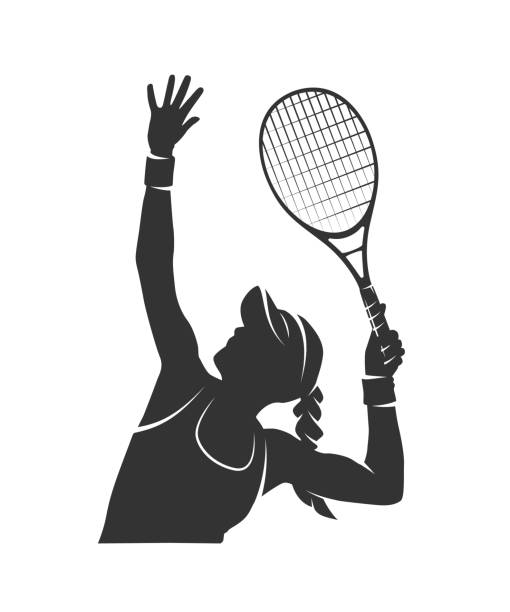 silhouette einer frau mit tennisschläger - tennis stock-grafiken, -clipart, -cartoons und -symbole