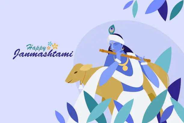 Vector illustration of Lord Krishna with a cow. Indian festival Janmashtami greeting background