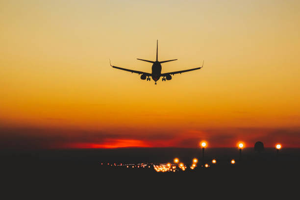 istock Airplane landing on the runway during sunset and night 1336622854