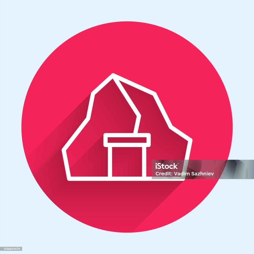 Linea bianca Icona miniera oro isolata con sfondo ombra lungo. Pulsante cerchio rosso. Vettore - arte vettoriale royalty-free di Arte Linea bianca Icona miniera oro isolata con sfondo ombra lungo. Pulsante cerchio rosso. Vettore - arte vettoriale royalty-free di Arte