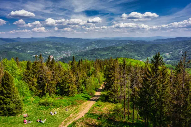 Beautiful landscape of the Silesian Beskids from Czantoria Wielka mountain. Poland