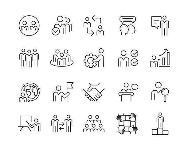 ilustraciones, imágenes clip art, dibujos animados e iconos de stock de iconos de personas de negocios - iconos de línea vectorial - agreement businesswoman togetherness opportunity