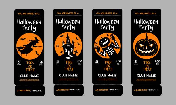ilustraciones, imágenes clip art, dibujos animados e iconos de stock de juego de entradas de halloween. plantilla de diseño de entradas vectoriales para la fiesta de halloween. - halloween pumpkin party carving